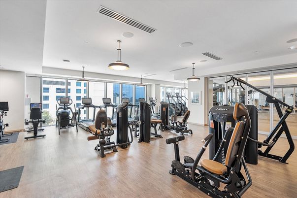 Fitness Equipment, Gym, Interior, Pendant Lights, Wood Texture Flooring