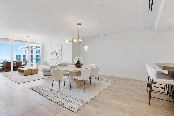 Dining room, Interior, Living room, Pendant Lights, Wood Texture Flooring