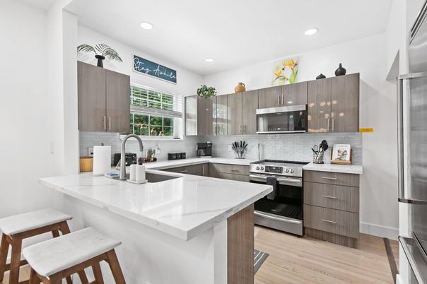 Interior, Kitchen, Recessed Lighting, Stainless Steel Appliances, Wood Texture Flooring
