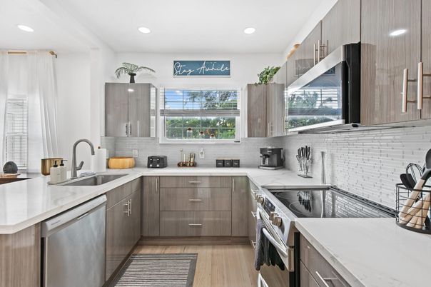 Interior, Kitchen, Recessed Lighting, Stainless Steel Appliances, Wood Texture Flooring
