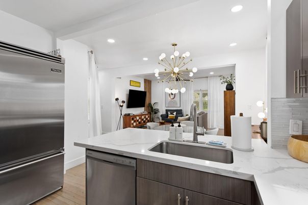 Dining room, Interior, Kitchen, Pendant Lights, Recessed Lighting, Stainless Steel Appliances, Wood Texture Flooring