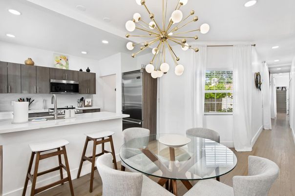 Dining room, Interior, Kitchen, Pendant Lights, Recessed Lighting, Stainless Steel Appliances, Wood Texture Flooring