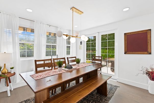 Dining room, Interior, Pendant Lights, Recessed Lighting, Wood Texture Flooring