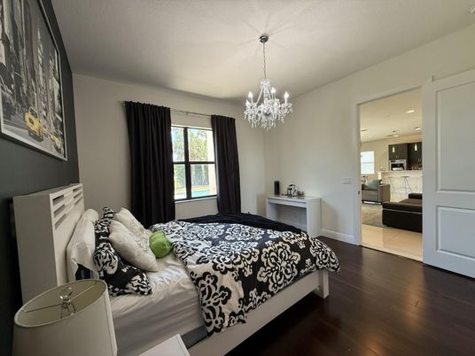 Bedroom, Chandelier, Interior, Recessed Lighting, Wood Texture Flooring