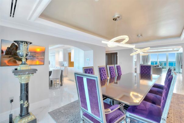 Dining room, Interior, Marble, Pendant Lights, Water