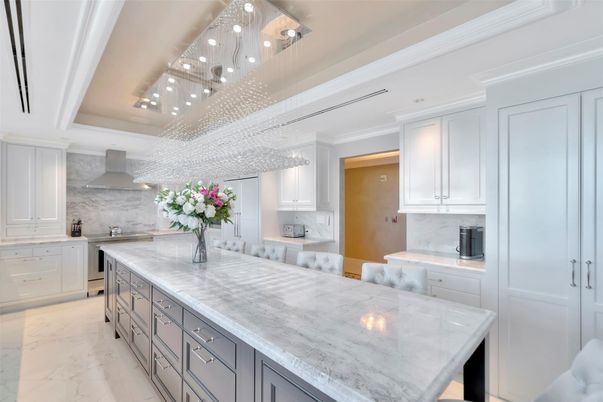 Interior, Kitchen, Marble, Marble Walls, Pendant Lights, Stainless Steel Appliances