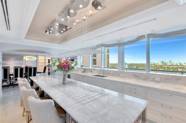 Dining room, Interior, Marble, Pendant Lights, Water