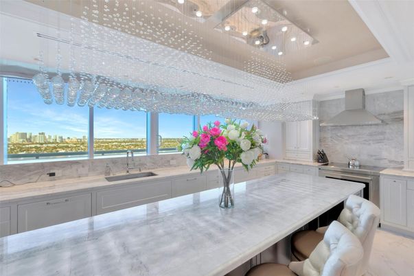 Interior, Kitchen, Marble, Pendant Lights, Stainless Steel Appliances, Water