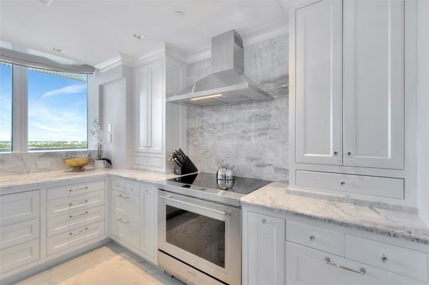 Interior, Kitchen, Marble, Marble Walls, Recessed Lighting, Stainless Steel Appliances, Water