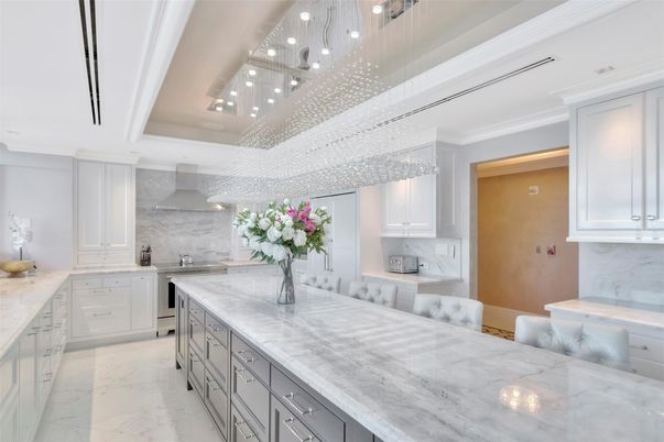 Interior, Kitchen, Marble, Pendant Lights, Stainless Steel Appliances