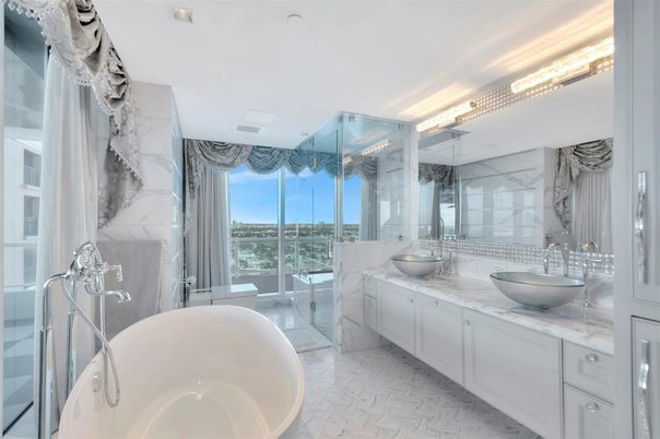 Bathroom, Dual Sink Vanities, Free Standing Baths, Glass Shower, Interior, Marble Walls, Water