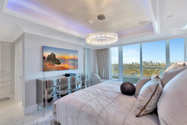 Bedroom, Interior, Marble, Pendant Lights, Water