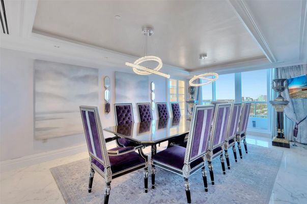 Dining room, Interior, Marble, Pendant Lights