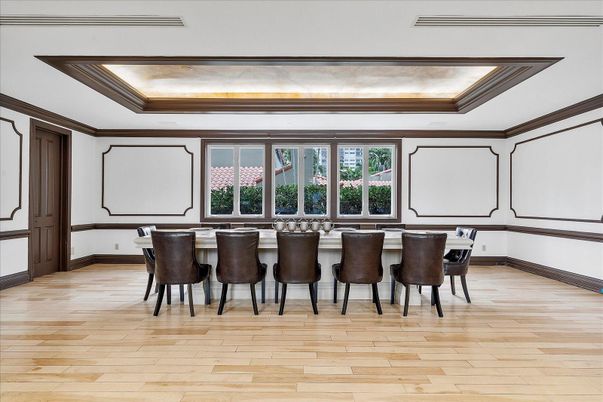 Dining room, Interior, Projection Screen, Wood Texture Flooring