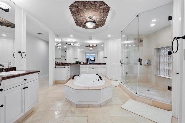 Bathroom, Dual Sink Vanities, Glass Shower, Interior, Recessed Lighting
