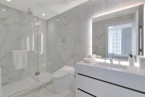 Bathroom, Glass Shower, Interior, Marble, Marble Walls, Recessed Lighting