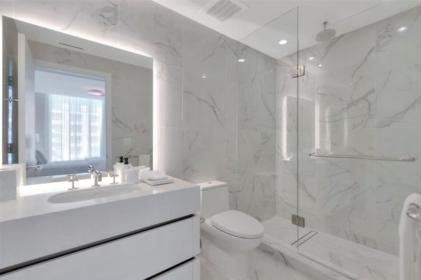 Bathroom, Glass Shower, Interior, Marble, Marble Walls, Recessed Lighting