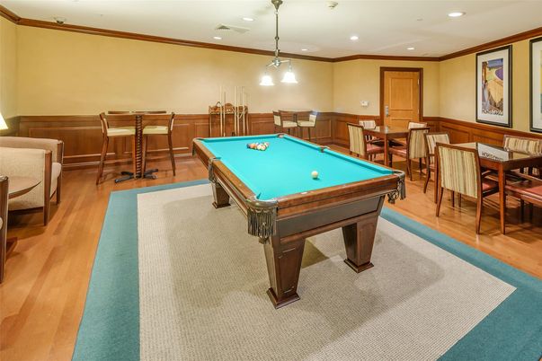 Billiard Table, Dining room, Game Room, Interior, Pendant Lights, Recessed Lighting, Wood Texture Flooring
