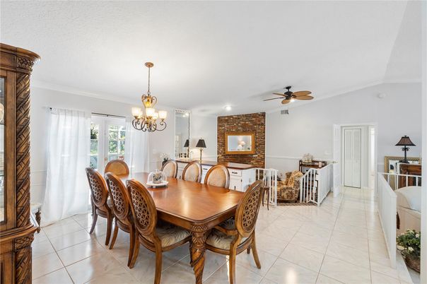 Chandelier, Dining room, Fireplace, Interior, Recessed Lighting, Stone Walls