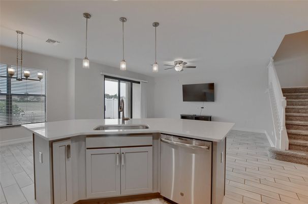 Interior, Kitchen, Pendant Lights, Wood Texture Flooring