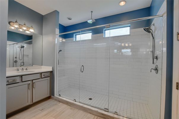 Bathroom, Glass Shower, Interior, Recessed Lighting, Wood Texture Flooring