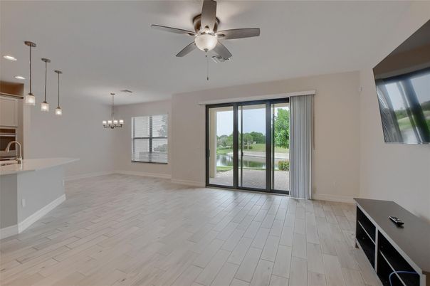 Chandelier, Empty room, Interior, Kitchen, Pendant Lights, Recessed Lighting, Wood Texture Flooring