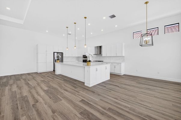 Interior, Kitchen, Pendant Lights, Recessed Lighting, Wood Texture Flooring