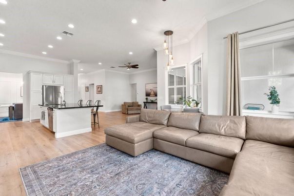 Interior, Kitchen, Living room, Pendant Lights, Recessed Lighting, Stainless Steel Appliances, Wood Texture Flooring