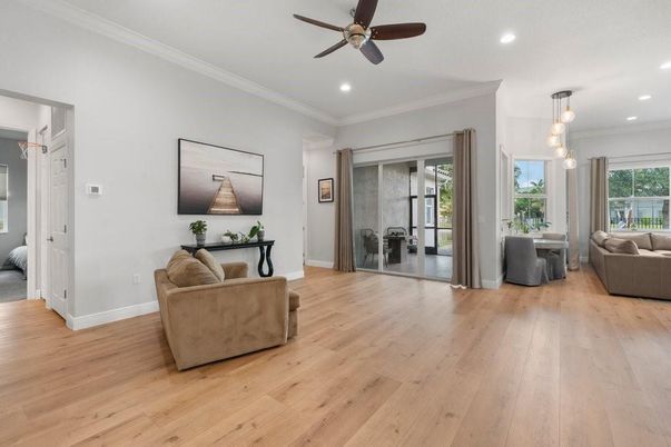 Interior, Living room, Pendant Lights, Recessed Lighting, Wood Texture Flooring