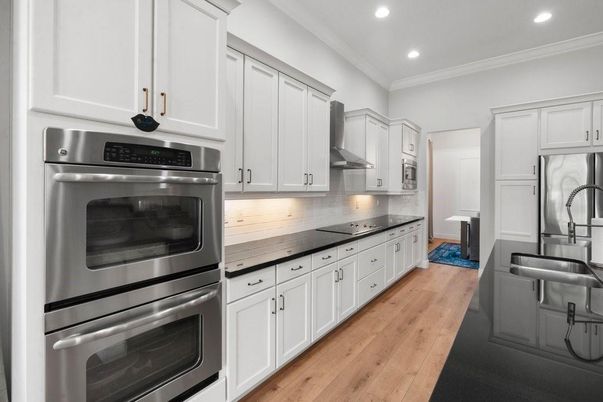 Interior, Kitchen, Recessed Lighting, Stainless Steel Appliances, Wood Texture Flooring