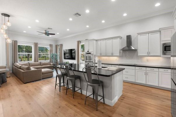 Interior, Kitchen, Living room, Pendant Lights, Recessed Lighting, Stainless Steel Appliances, Wood Texture Flooring