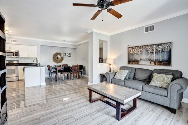Dining room, Interior, Kitchen, Living room, Stainless Steel Appliances, Wood Texture Flooring