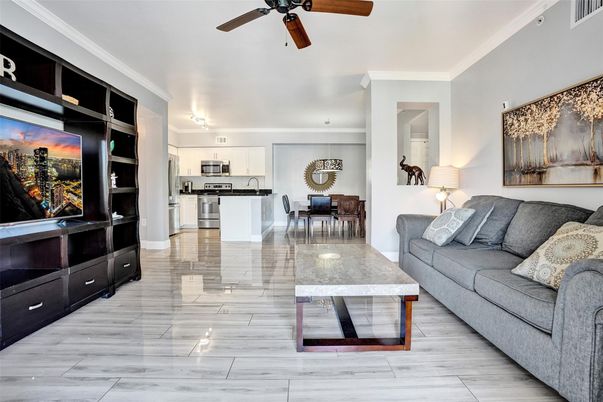 Dining room, Interior, Kitchen, Living room, Pendant Lights, Wood Texture Flooring