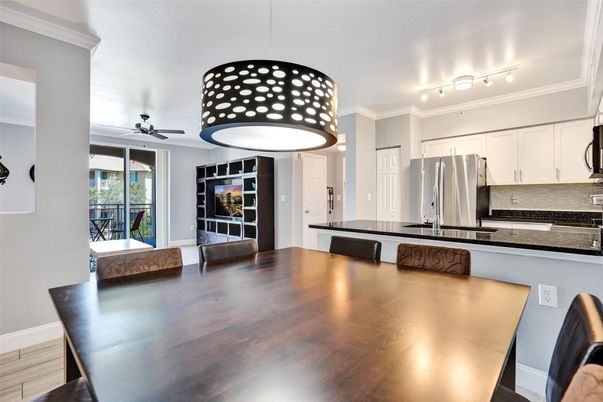 Dining room, Interior, Kitchen, Pendant Lights, Stainless Steel Appliances, Wood Texture Flooring