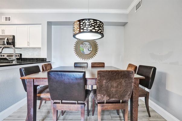 Dining room, Interior, Kitchen, Pendant Lights, Wood Texture Flooring