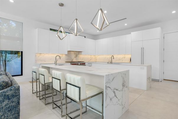 Interior, Kitchen, Marble Walls, Pendant Lights, Recessed Lighting