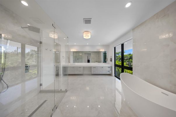 Bathroom, Free Standing Baths, Glass Shower, Interior, Marble Walls, Recessed Lighting