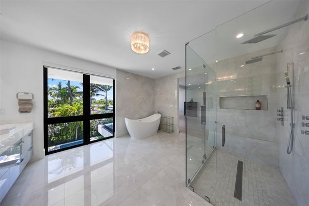 Bathroom, Free Standing Baths, Glass Shower, Interior, Recessed Lighting
