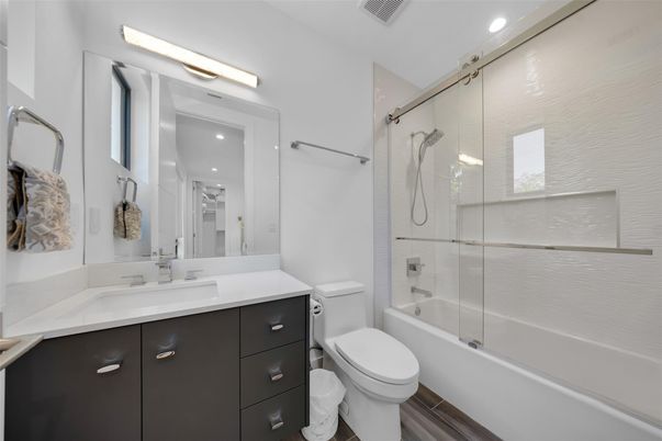 Bathroom, Glass Shower, Interior, Recessed Lighting, Wood Texture Flooring