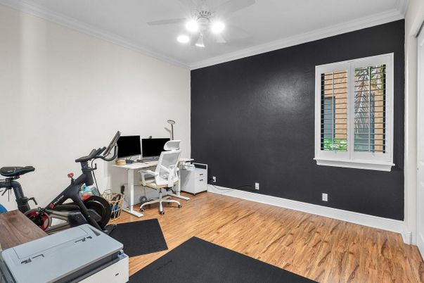 Fitness Equipment, Home Office, Interior, Recessed Lighting, Wood Texture Flooring