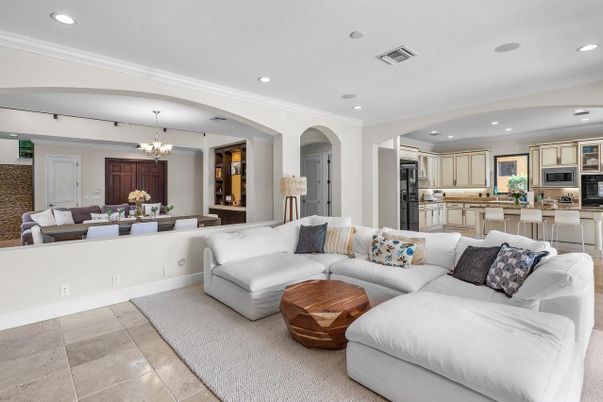 Chandelier, Dining room, Interior, Kitchen, Living room, Recessed Lighting, Stainless Steel Appliances