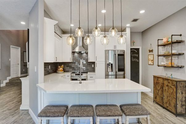 Interior, Kitchen, Pendant Lights, Recessed Lighting, Stainless Steel Appliances, Wood Texture Flooring