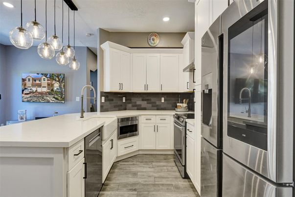 Interior, Kitchen, Pendant Lights, Recessed Lighting, Stainless Steel Appliances, Wood Texture Flooring