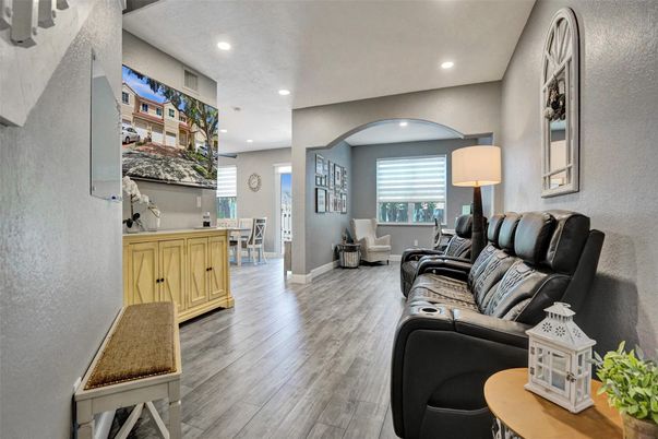 Dining room, Interior, Living room, Recessed Lighting, Wood Texture Flooring
