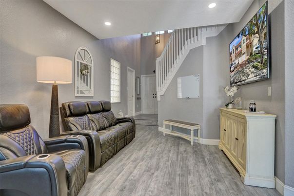 Home Theatre Room, Interior, Recessed Lighting, Wood Texture Flooring
