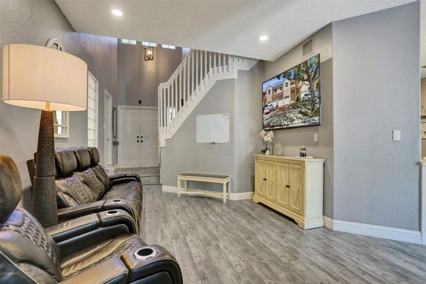 Home Theatre Room, Interior, Recessed Lighting, Wood Texture Flooring