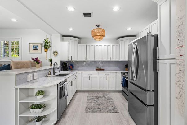 Interior, Kitchen, Recessed Lighting, Stainless Steel Appliances, Wood Texture Flooring