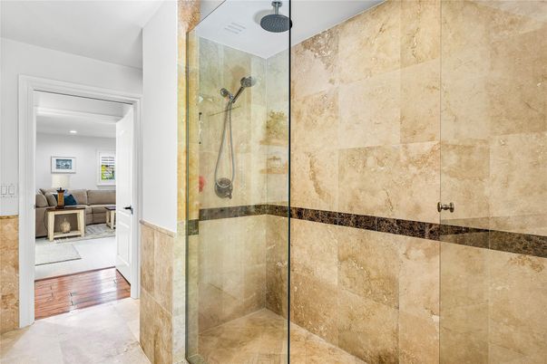 Bathroom, Glass Shower, Interior, Recessed Lighting, Wood Texture Flooring