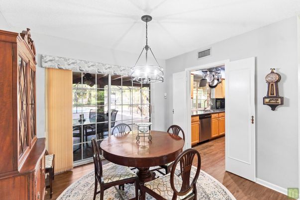 Dining room, Interior, Kitchen, Pendant Lights, Wood Texture Flooring
