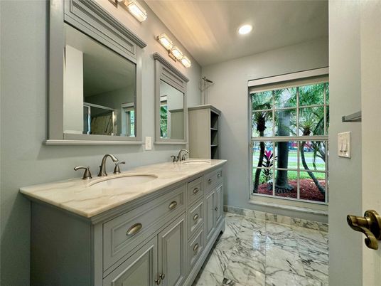 Bathroom, Dual Sink Vanities, Interior, Marble, Recessed Lighting